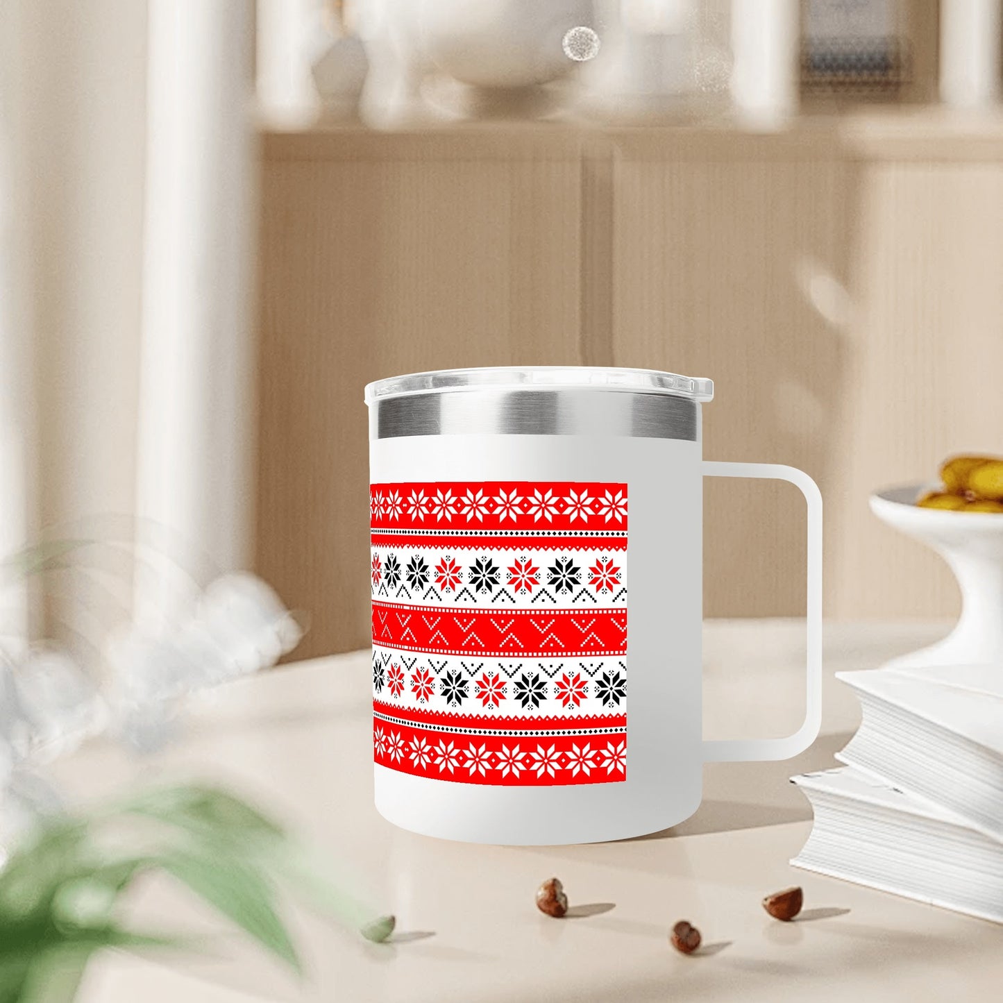 Ugly Sweater Motif – 12oz Stainless Steel Coffee Mug with Lid