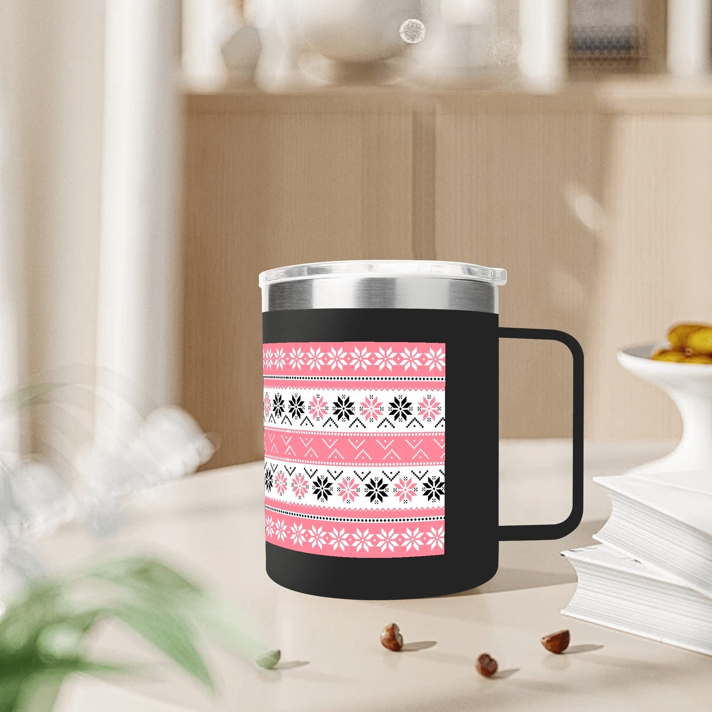 Ugly Sweater Motif – 12oz Stainless Steel Coffee Mug with Lid