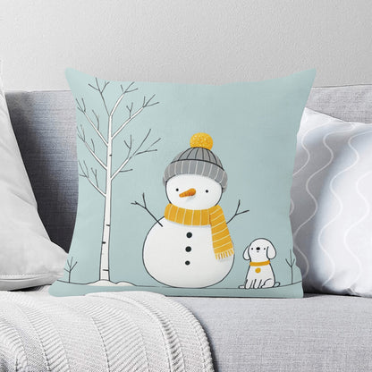 Whimsical Snowman and Dog Pillow Cover – Cozy Winter Décor (18x18 In)