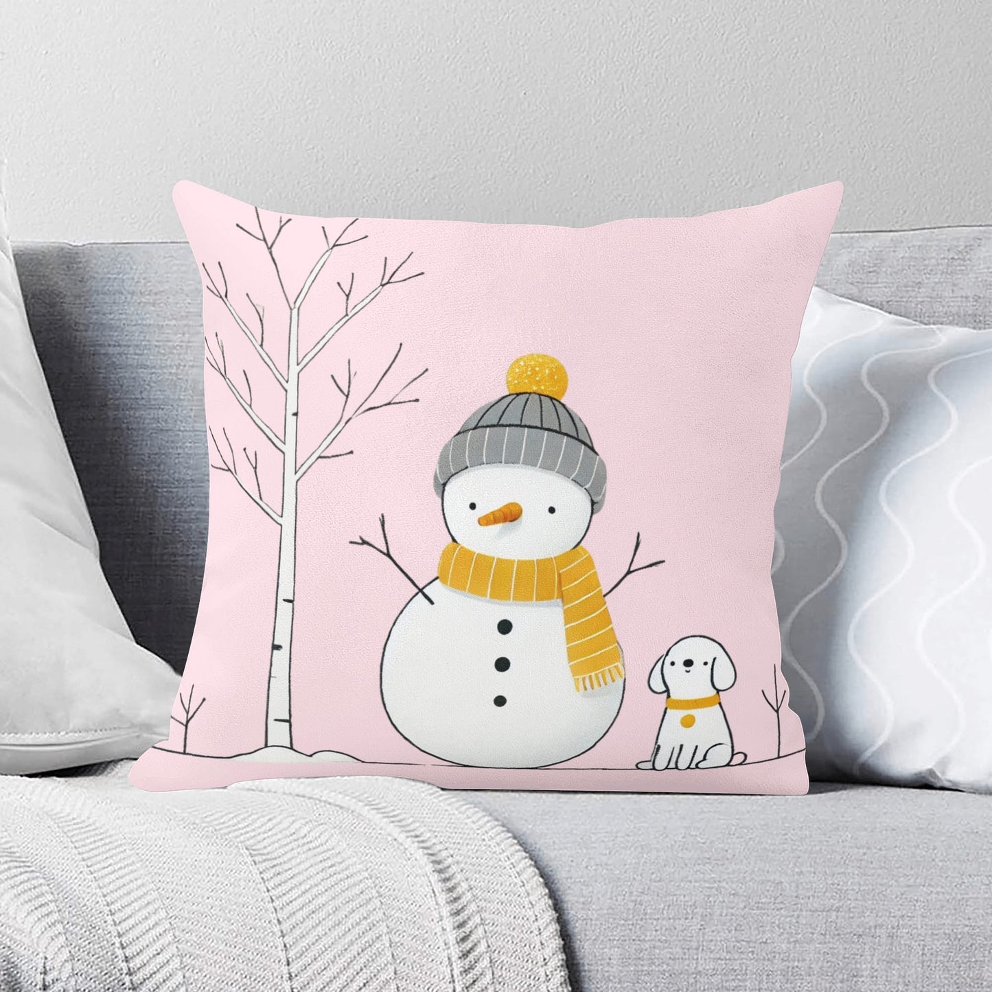 Whimsical Snowman and Dog Pillow Cover – Cozy Winter Décor (18x18 In)