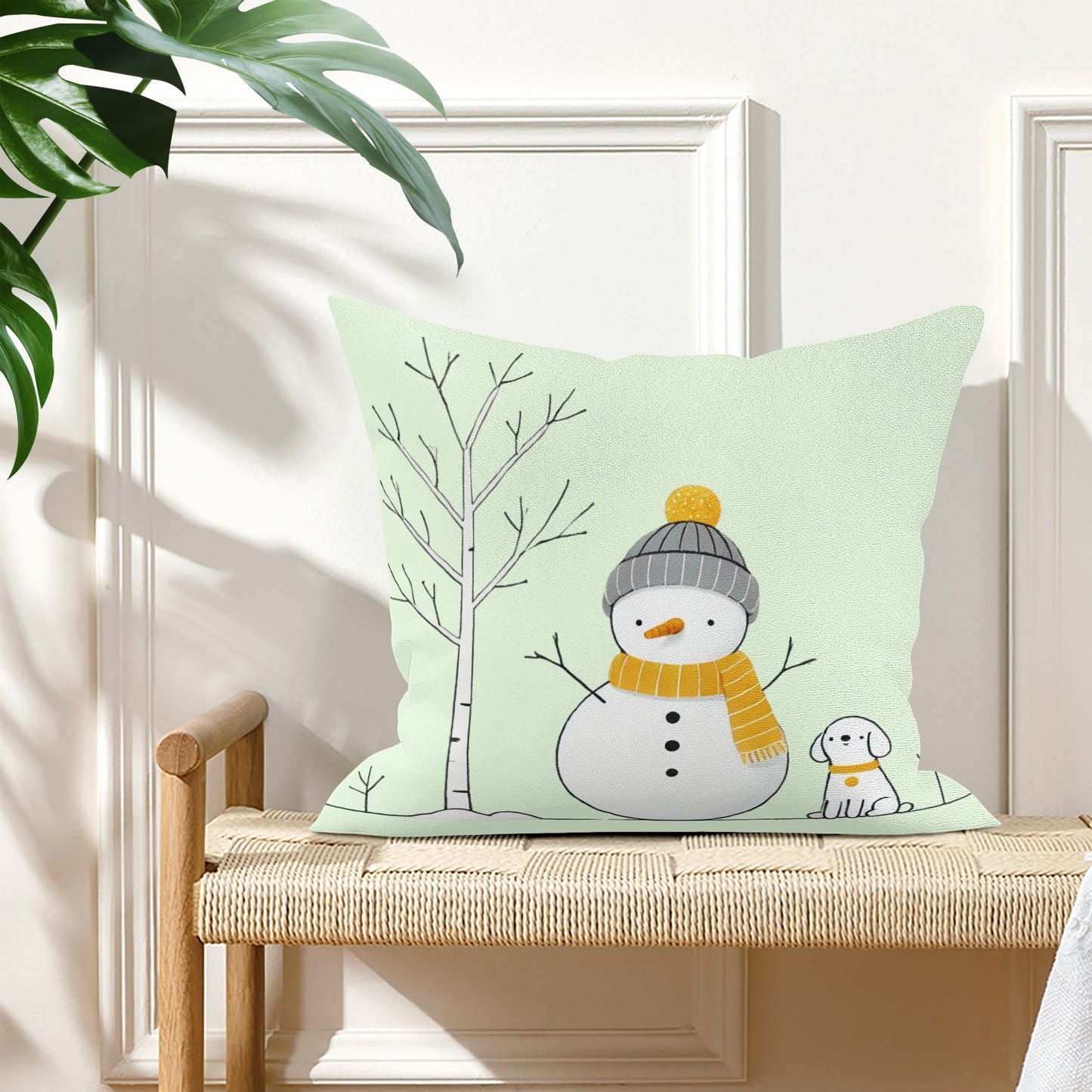 Whimsical Snowman and Dog Pillow Cover – Cozy Winter Décor (18x18 In)