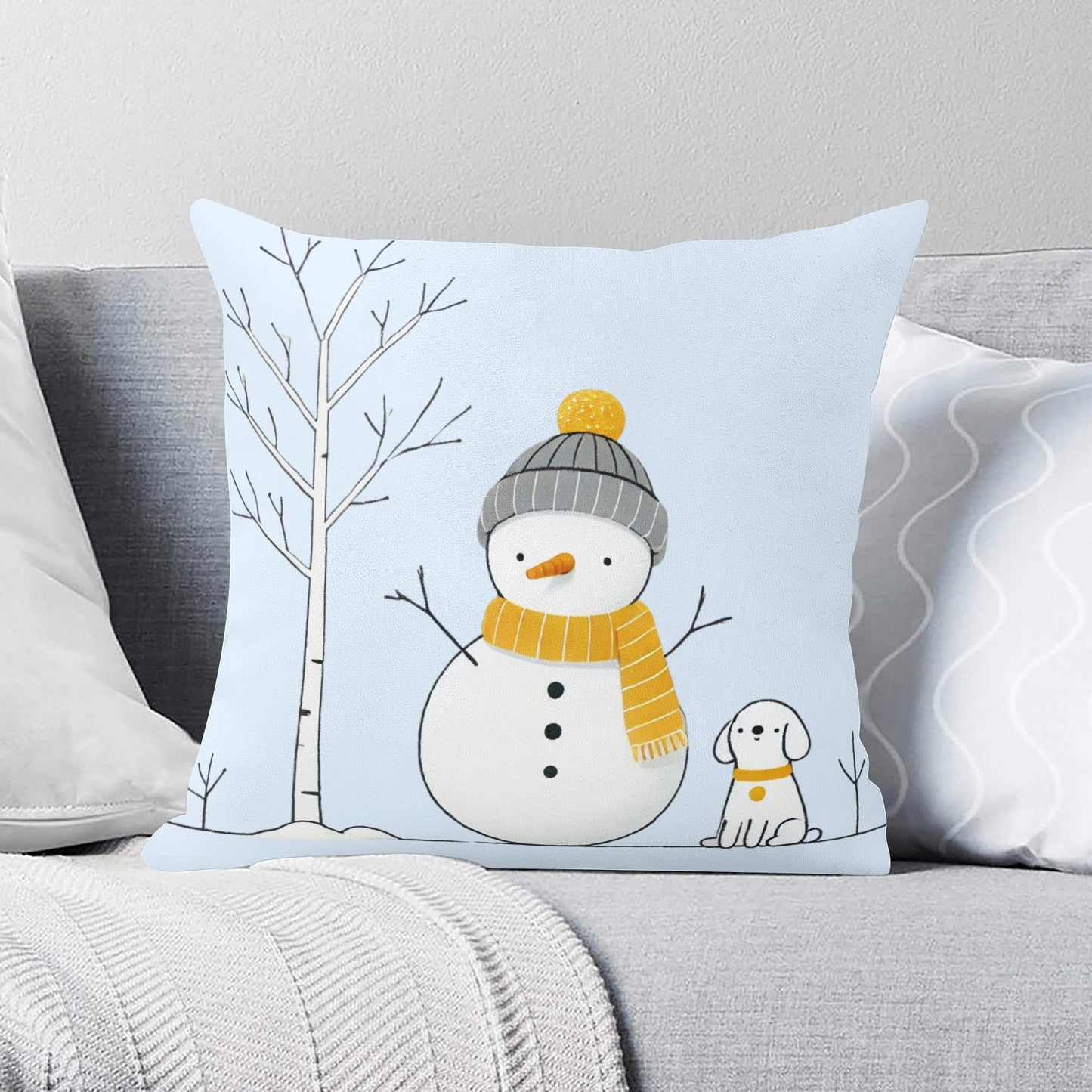 Whimsical Snowman and Dog Pillow Cover – Cozy Winter Décor (18x18 In)