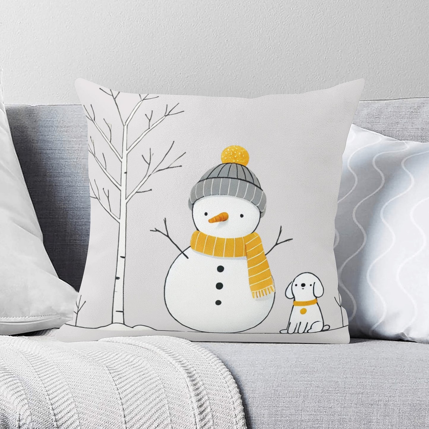 Whimsical Snowman and Dog Pillow Cover – Cozy Winter Décor (18x18 In)