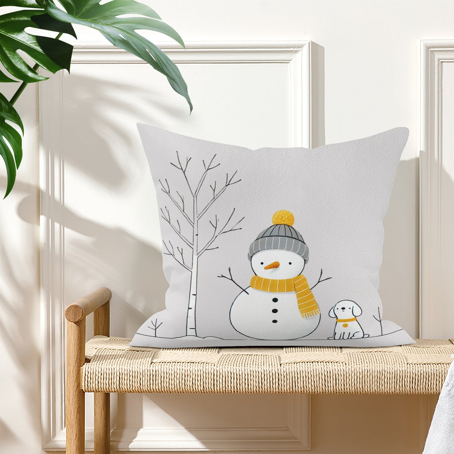 Whimsical Snowman and Dog Pillow Cover – Cozy Winter Décor (18x18 In)