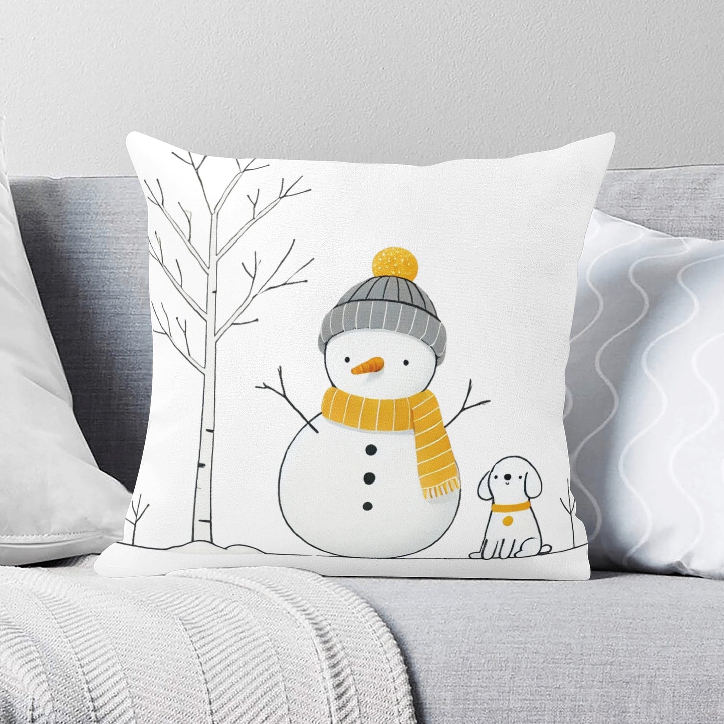 Whimsical Snowman and Dog Pillow Cover – Cozy Winter Décor (18x18 In)