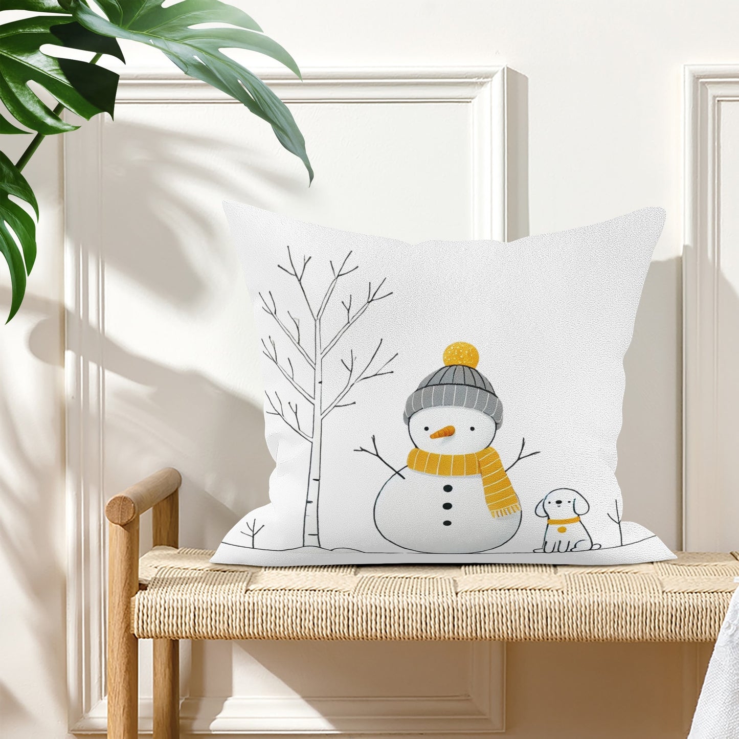 Whimsical Snowman and Dog Pillow Cover – Cozy Winter Décor (18x18 In)