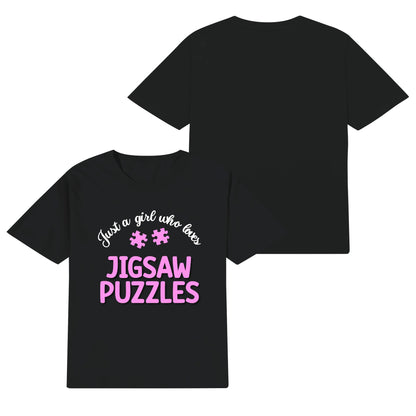 Just A Girl Who Loves Jigsaw Puzzles - Kids 100% Soft Cotton Pink on Black T-Shirt