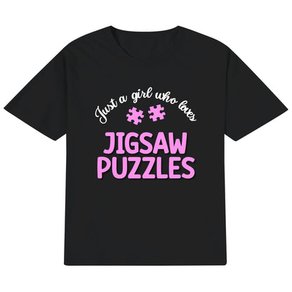 Just A Girl Who Loves Jigsaw Puzzles - Kids 100% Soft Cotton Pink on Black T-Shirt