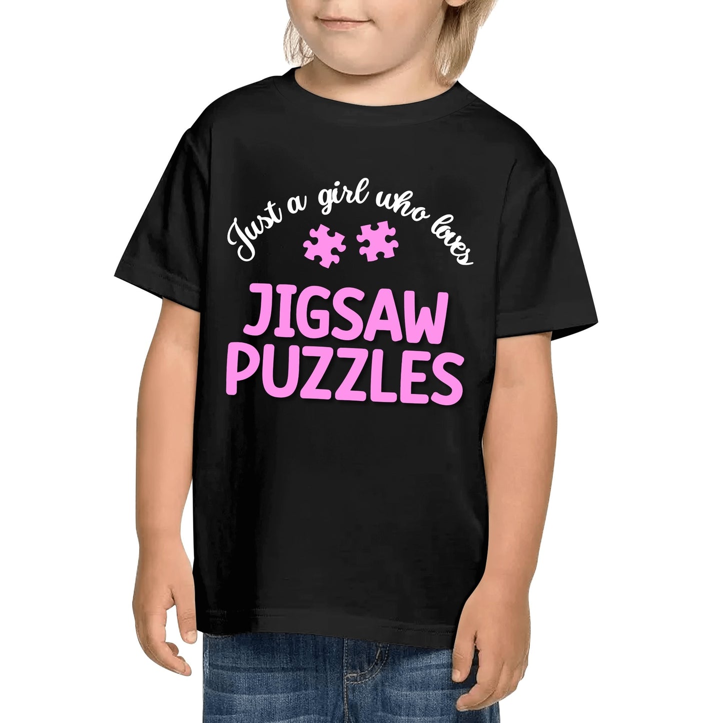 Just A Girl Who Loves Jigsaw Puzzles - Kids 100% Soft Cotton Pink on Black T-Shirt