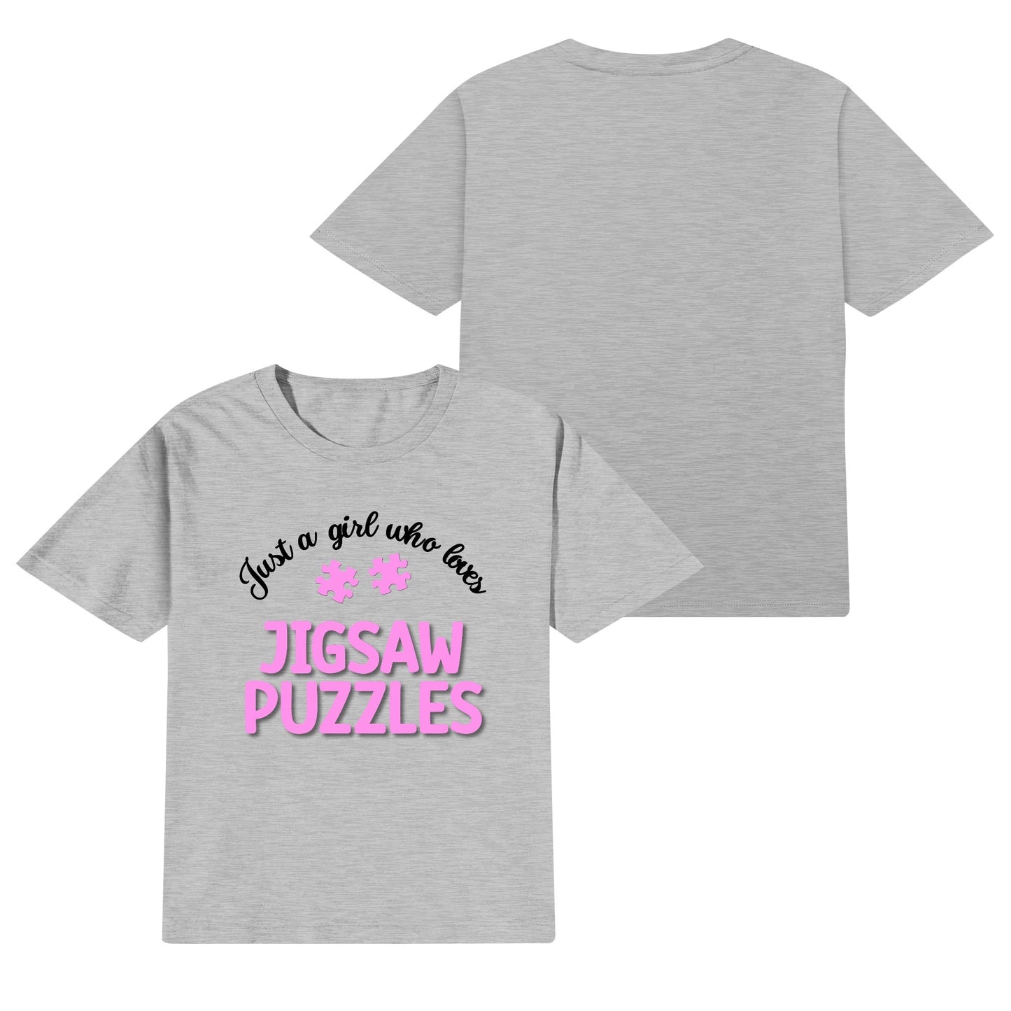 Just A Girl Who Loves Jigsaw Puzzles - Kids 100% Soft Cotton Pink on White & Gray T-Shirts