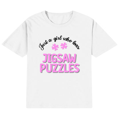 Just A Girl Who Loves Jigsaw Puzzles - Kids 100% Soft Cotton Pink on White & Gray T-Shirts