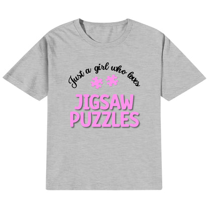 Just A Girl Who Loves Jigsaw Puzzles - Kids 100% Soft Cotton Pink on White & Gray T-Shirts