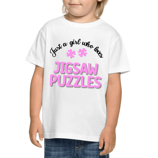 Just A Girl Who Loves Jigsaw Puzzles - Kids 100% Soft Cotton Pink on White & Gray T-Shirts