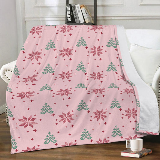 Pretty in Pink Poinsettia & Christmas Trees Winter Wonderland Knit-Look Premium Soft Polyester Fleece Blanket