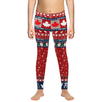 Kids Canadian H0H 0H0 Leggings With Maple Leaves