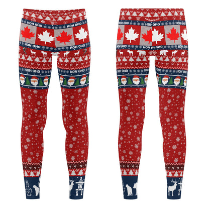 Kids Canadian H0H 0H0 Leggings With Maple Leaves