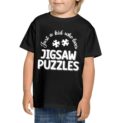 Just A Kid Who Loves Jigsaw Puzzles - Kids 100% Soft Cotton White On Black T-Shirt