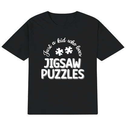 Just A Kid Who Loves Jigsaw Puzzles - Kids 100% Soft Cotton White On Black T-Shirt