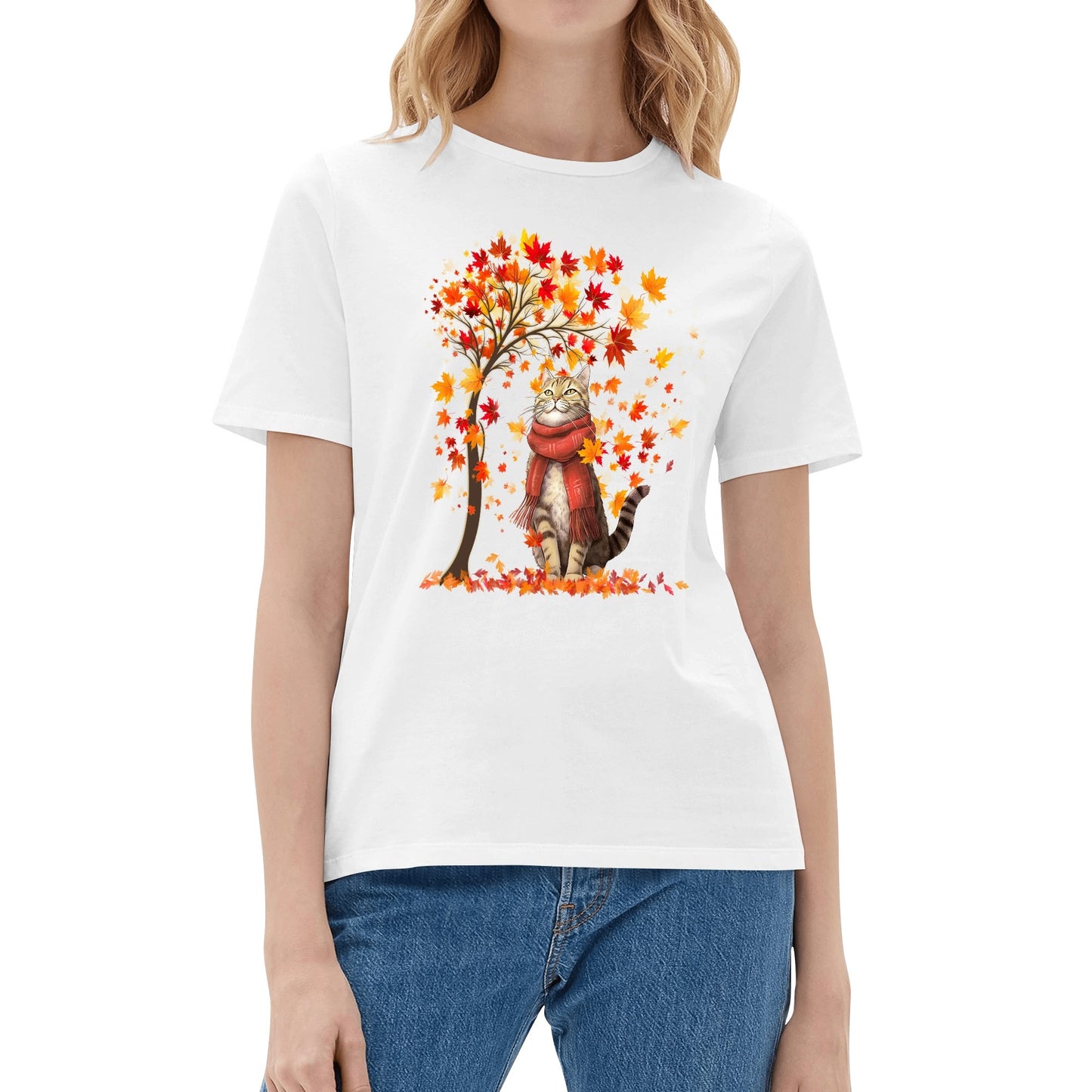 Autumn Cozy Cat - Womens 100% Soft Cotton Nurse Christmas T-Shirt – Fall-Inspired Design