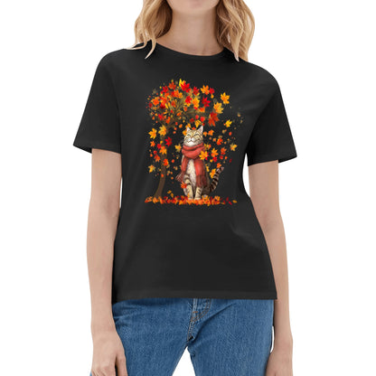 Autumn Cozy Cat - Womens 100% Soft Cotton Nurse Christmas T-Shirt – Fall-Inspired Design