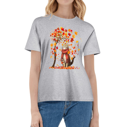 Autumn Cozy Cat - Womens 100% Soft Cotton Nurse Christmas T-Shirt – Fall-Inspired Design