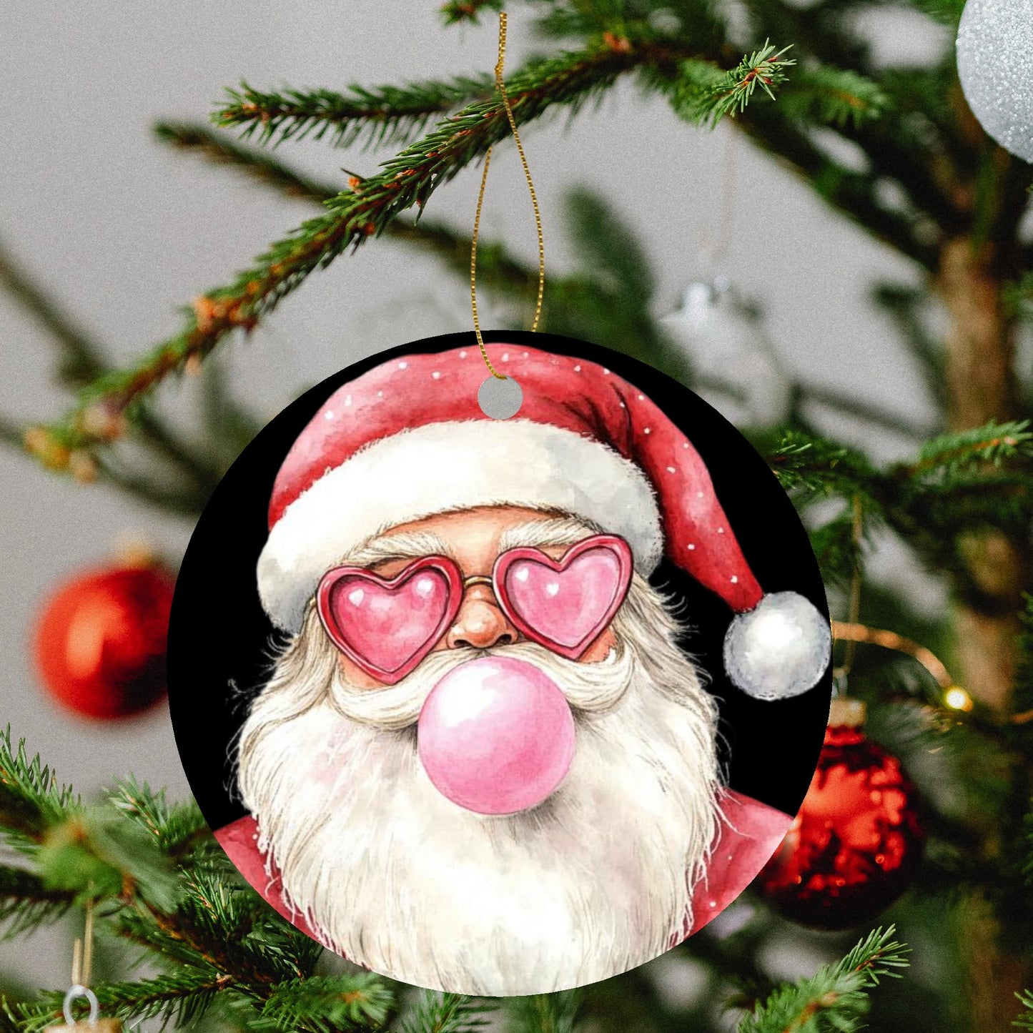 Cheeky Retro Santa - Round Ceramic Double-Sided Christmas Tree Ornament  (1pc & 6pcs)