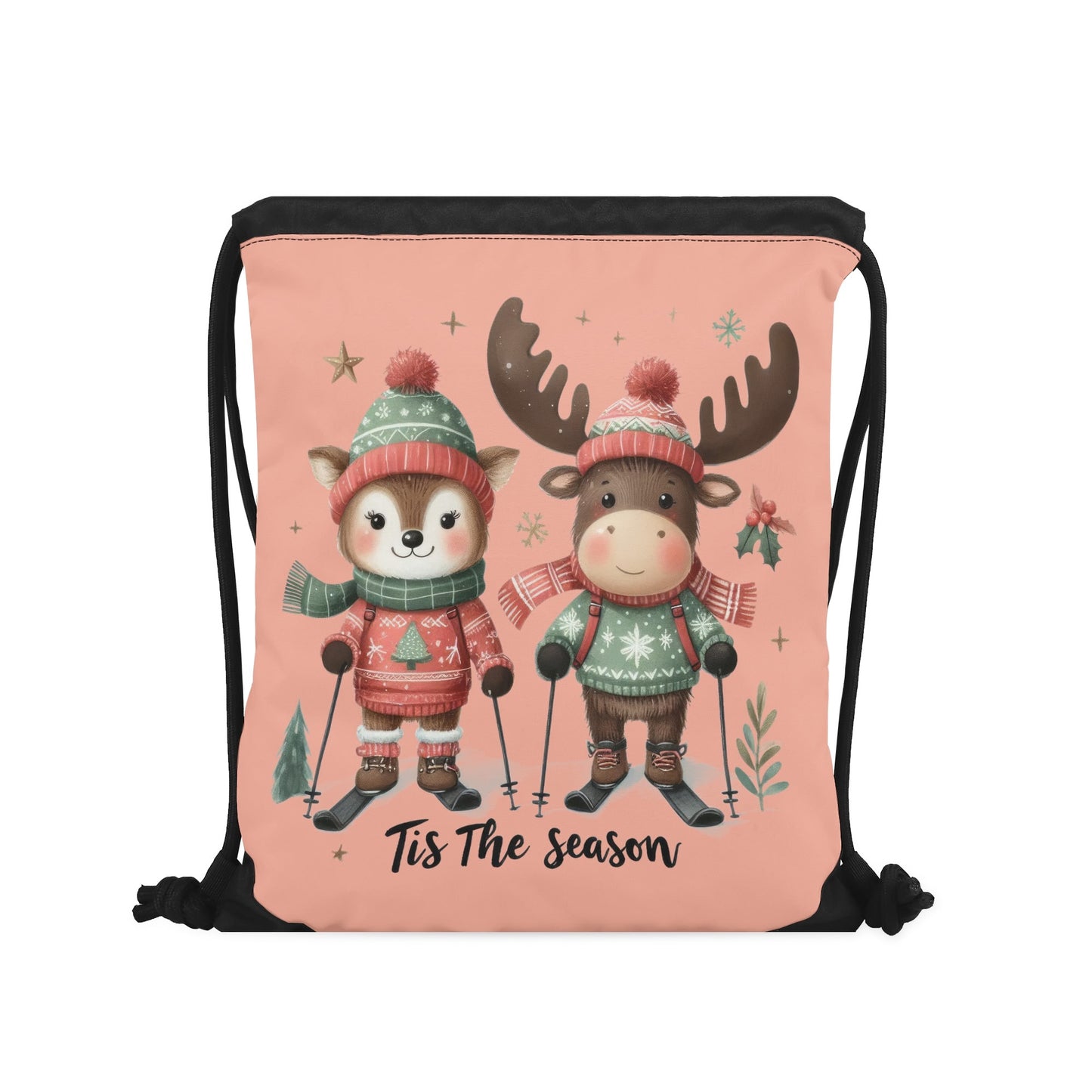 Tis The Season to SKI! - Single-Sided Print Christmas Drawstring Tote Bag