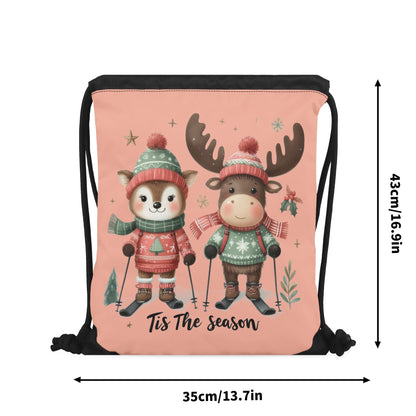 Tis The Season to SKI! - Single-Sided Print Christmas Drawstring Tote Bag