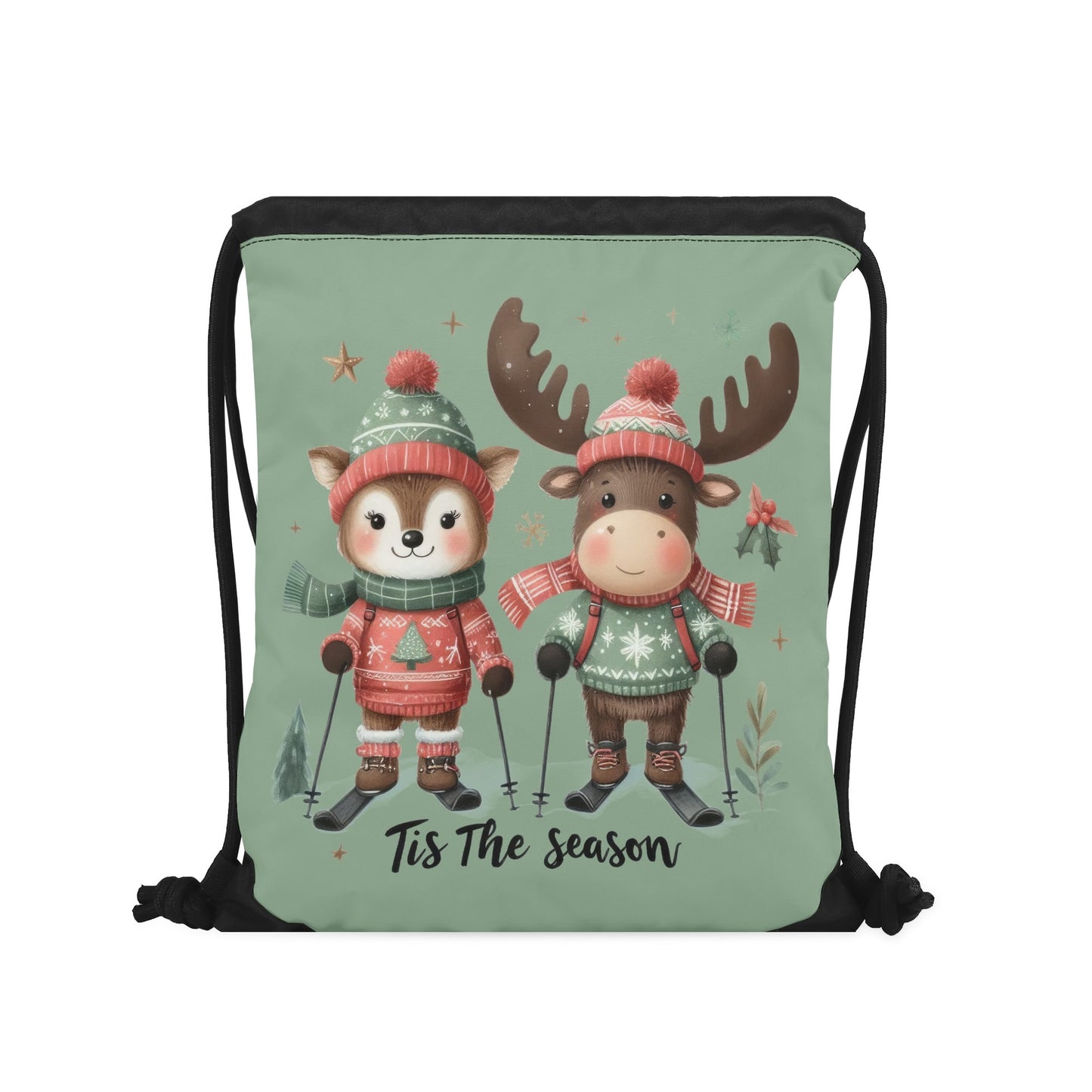 Tis The Season to SKI! - Single-Sided Print Christmas Drawstring Tote Bag