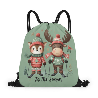 Tis The Season to SKI! - Single-Sided Print Christmas Drawstring Tote Bag