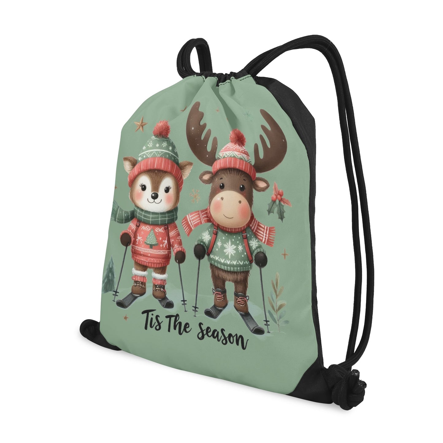 Tis The Season to SKI! - Single-Sided Print Christmas Drawstring Tote Bag