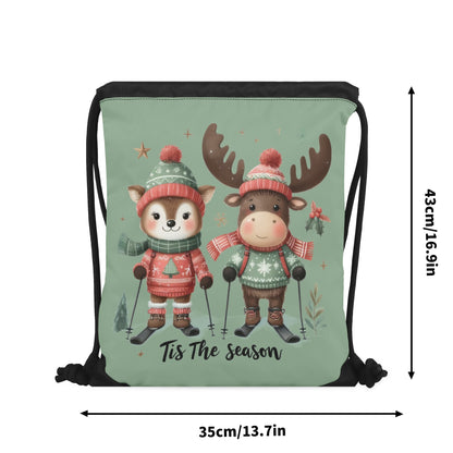 Tis The Season to SKI! - Single-Sided Print Christmas Drawstring Tote Bag