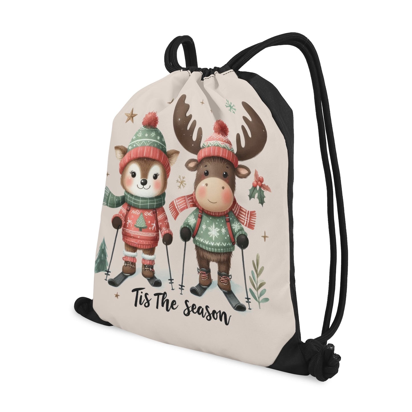 Tis The Season to SKI! - Single-Sided Print Christmas Drawstring Tote Bag