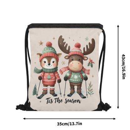 Tis The Season to SKI! - Single-Sided Print Christmas Drawstring Tote Bag