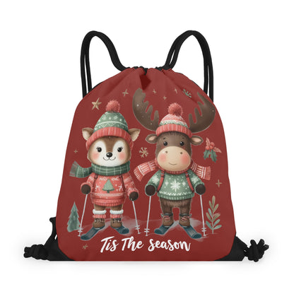 Tis The Season to SKI! - Single-Sided Print Christmas Drawstring Tote Bag