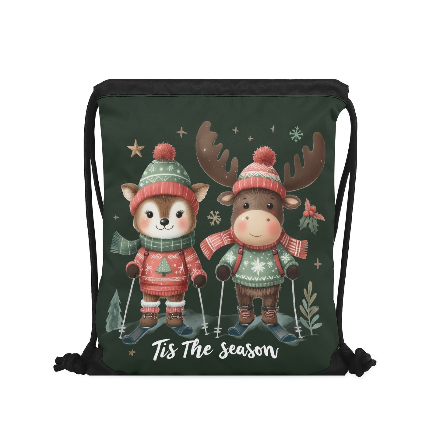 Tis The Season to SKI! - Single-Sided Print Christmas Drawstring Tote Bag