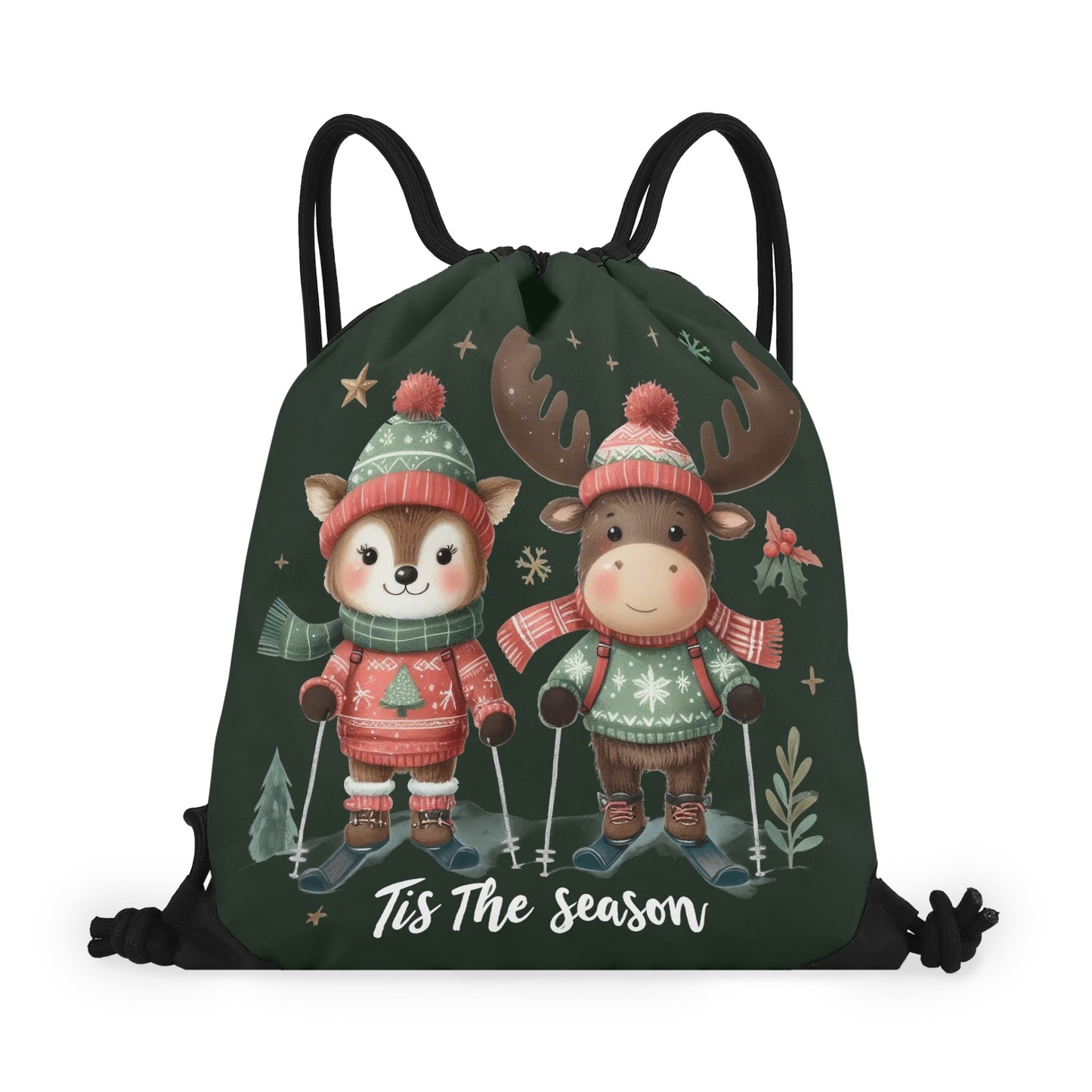 Tis The Season to SKI! - Single-Sided Print Christmas Drawstring Tote Bag