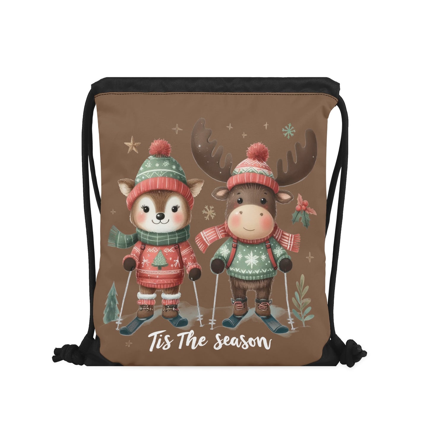 Tis The Season to SKI! - Single-Sided Print Christmas Drawstring Tote Bag