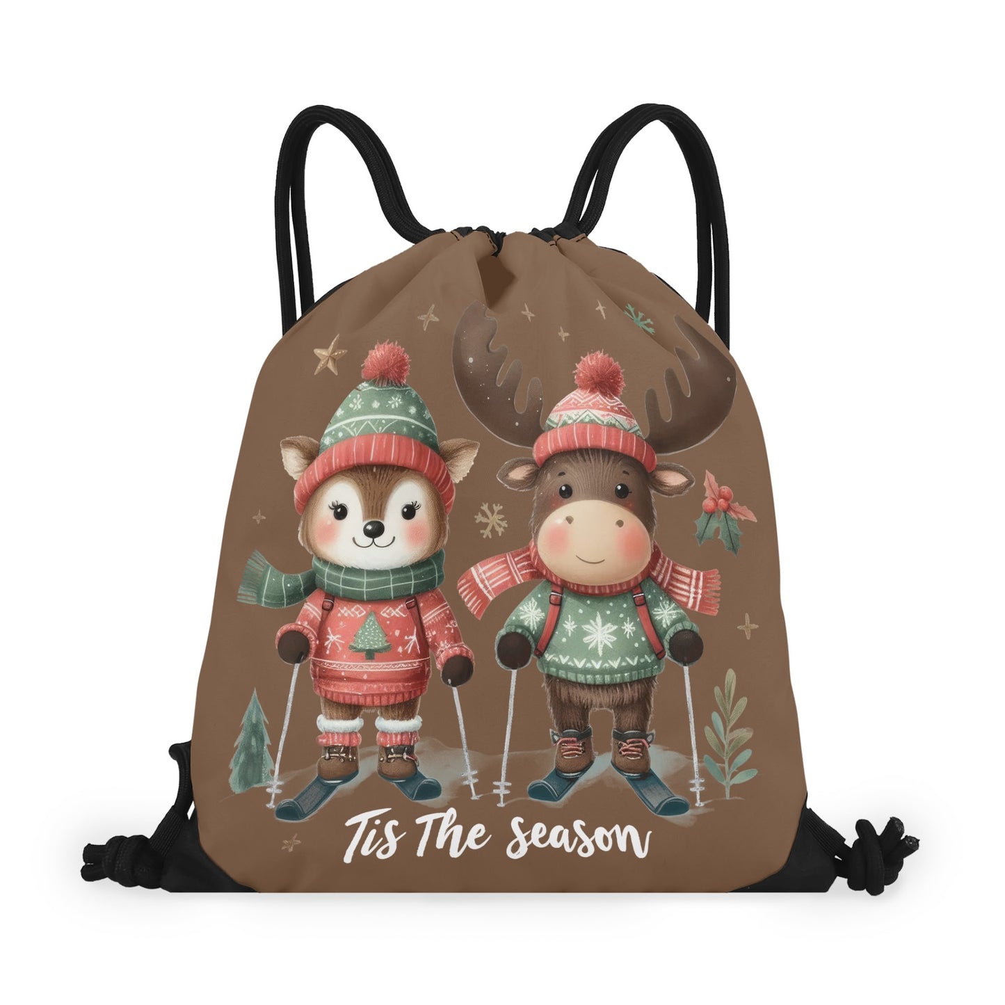 Tis The Season to SKI! - Single-Sided Print Christmas Drawstring Tote Bag