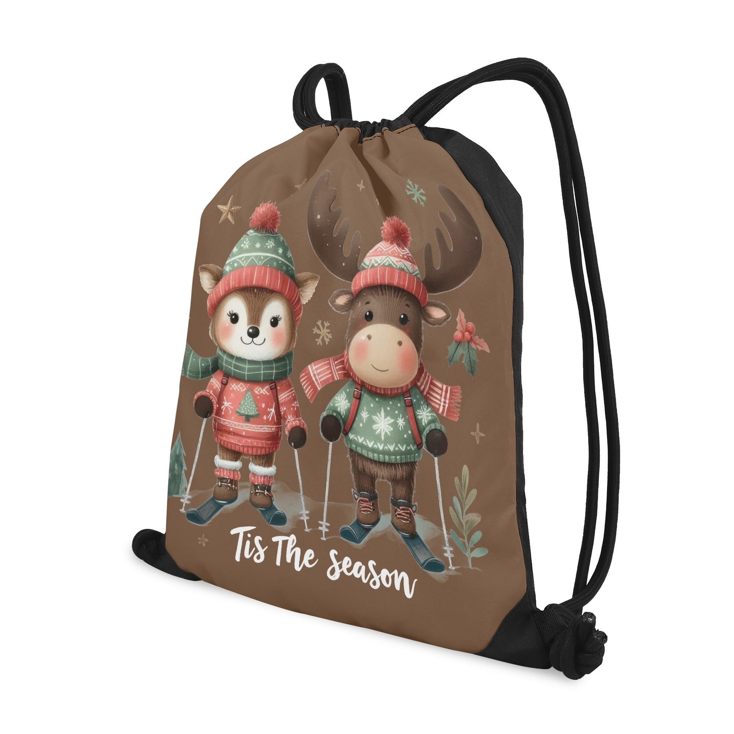 Tis The Season to SKI! - Single-Sided Print Christmas Drawstring Tote Bag