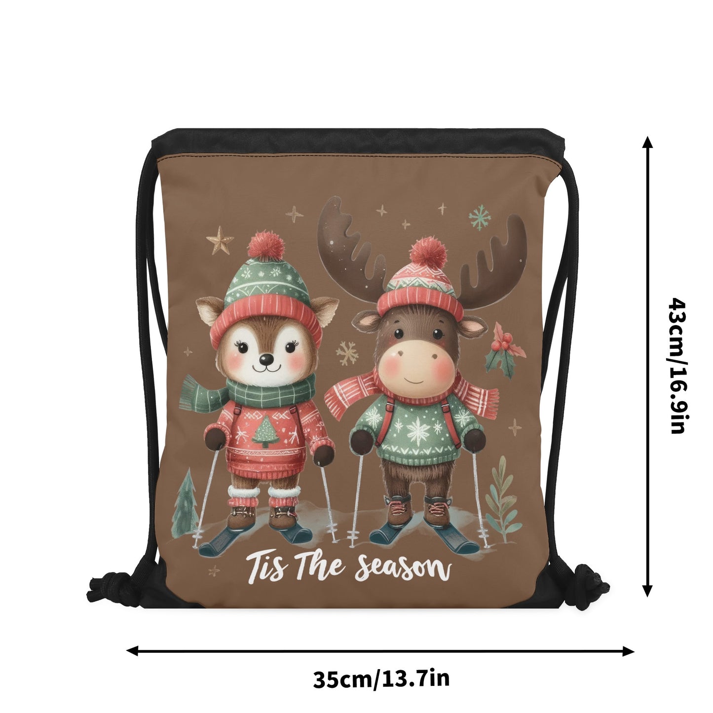 Tis The Season to SKI! - Single-Sided Print Christmas Drawstring Tote Bag