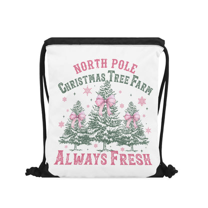 North Pole Christmas Tree Farm - Single-Sided Print Pink Christmas Drawstring Tote Bag - Always Fresh