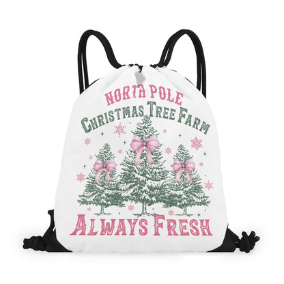 North Pole Christmas Tree Farm - Single-Sided Print Pink Christmas Drawstring Tote Bag - Always Fresh