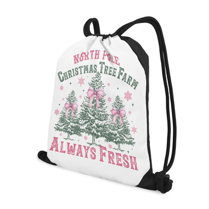 North Pole Christmas Tree Farm - Single-Sided Print Pink Christmas Drawstring Tote Bag - Always Fresh