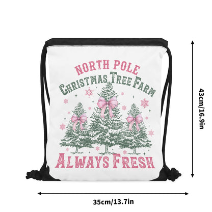 North Pole Christmas Tree Farm - Single-Sided Print Pink Christmas Drawstring Tote Bag - Always Fresh