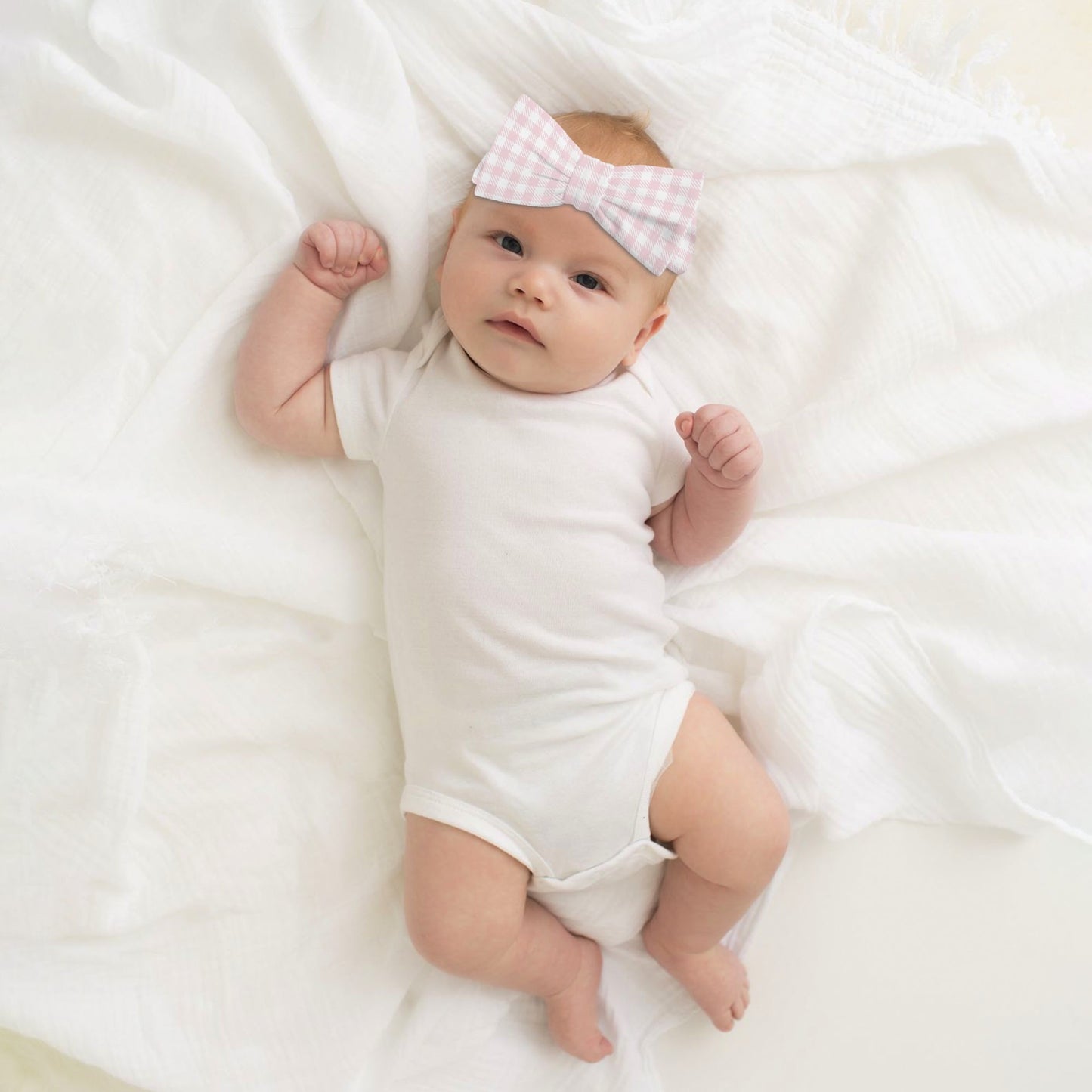 Blush Pink Gingham - Baby Bow Headband Hairband for Newborn Babies