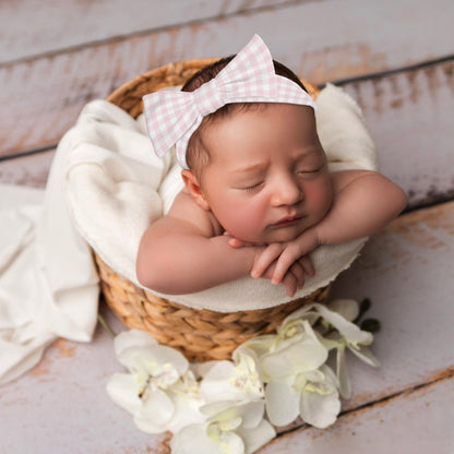 Blush Pink Gingham - Baby Bow Headband Hairband for Newborn Babies