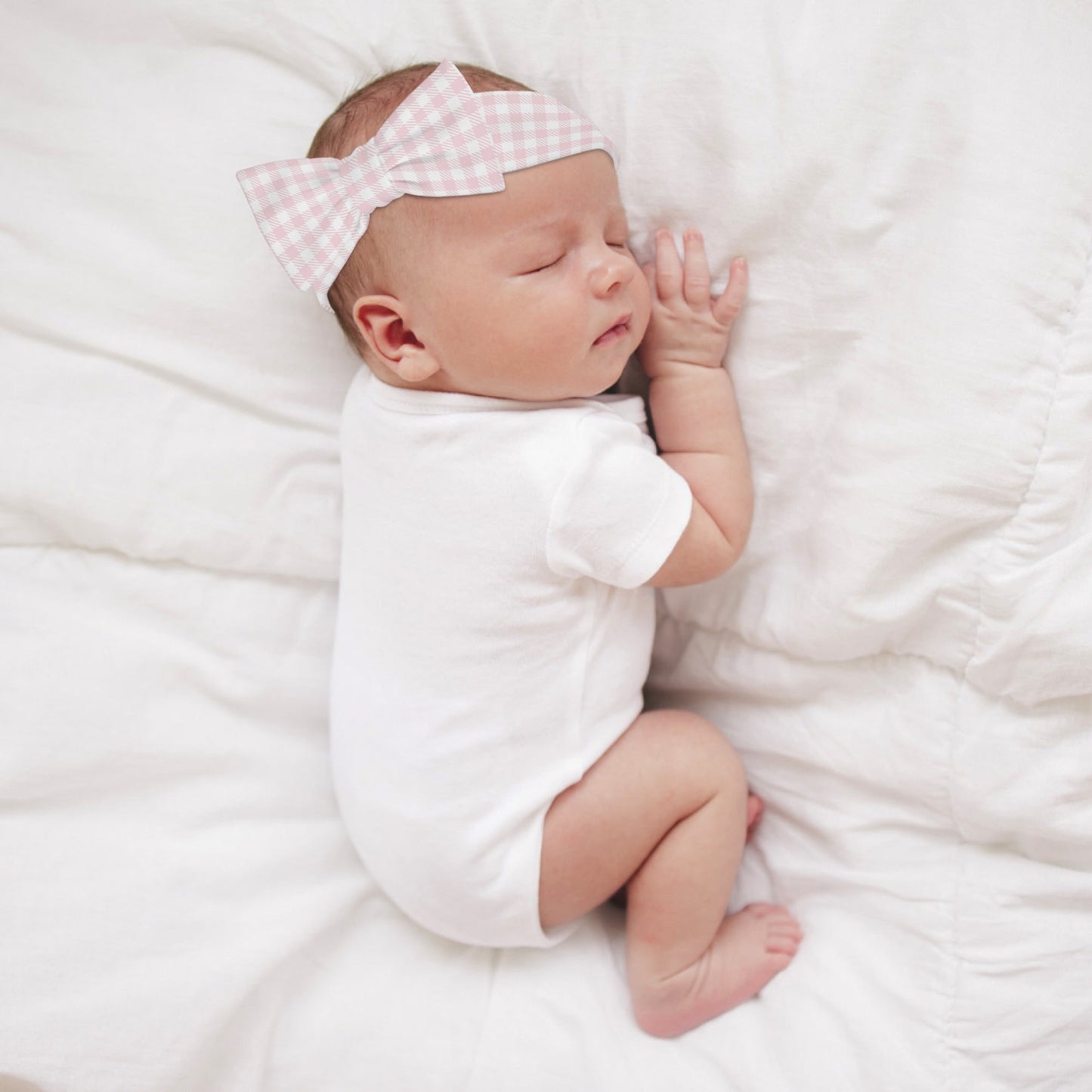 Blush Pink Gingham - Baby Bow Headband Hairband for Newborn Babies