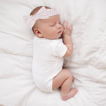 Blush Pink Gingham - Baby Bow Headband Hairband for Newborn Babies