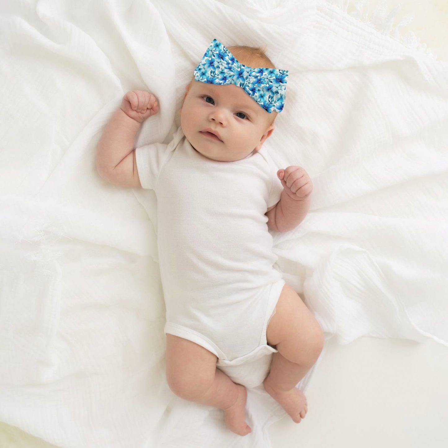 Blue Floral - Bow Headband Hairband for Newborn Babies